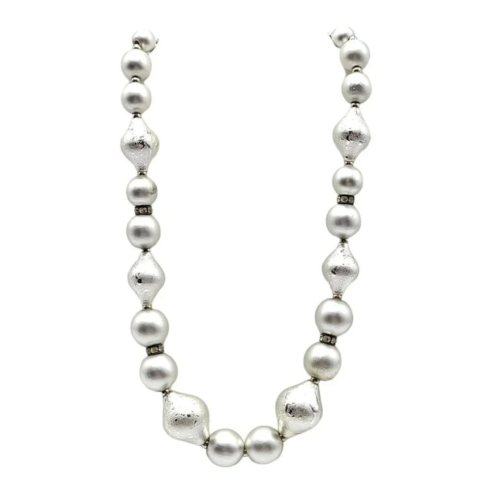 Silver Tone Speckled Bead Clear Rhinestone Spacer Vintage Choker Necklace